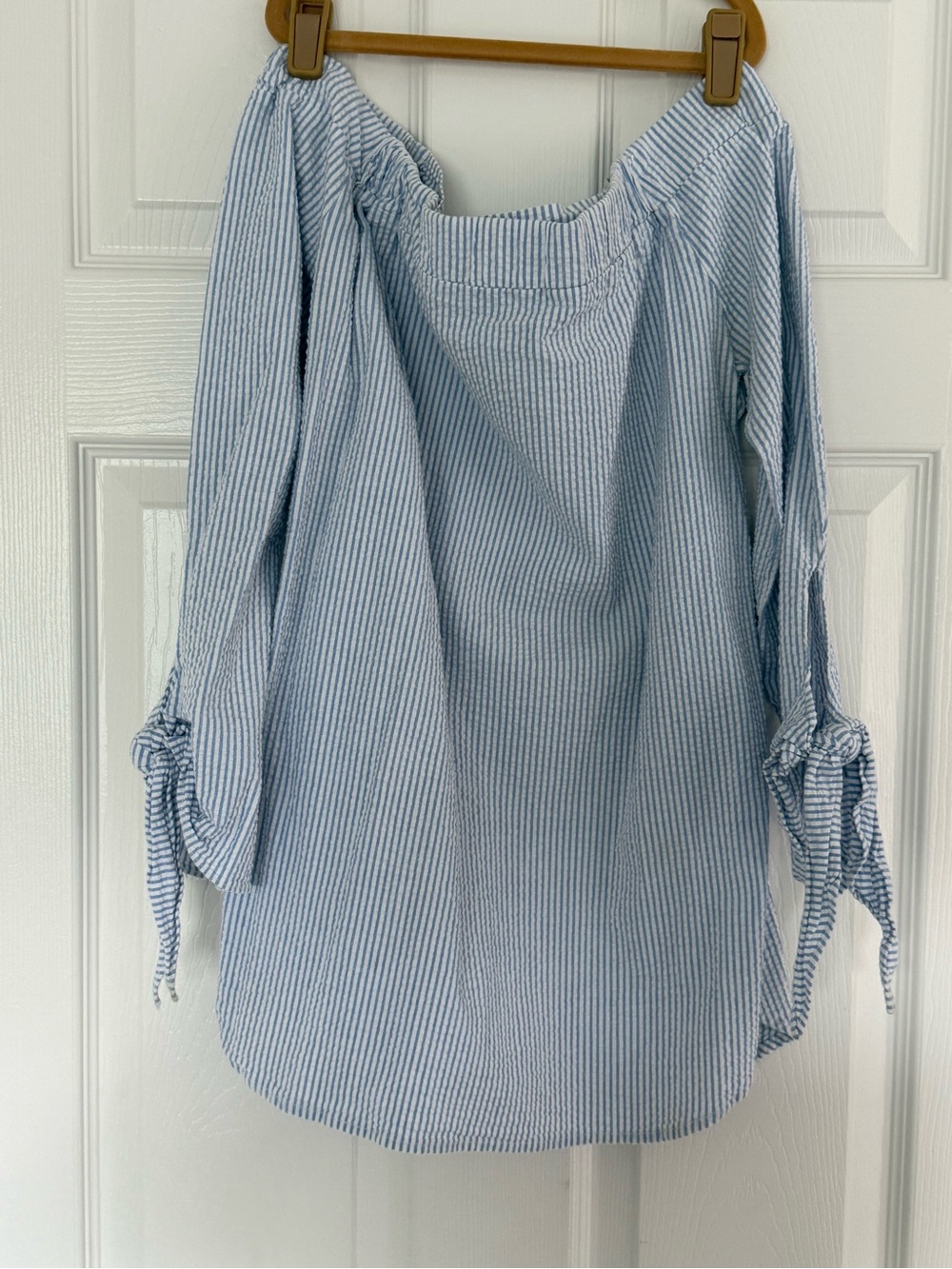 Adrienne Light Blue Striped Off-Shoulder Tie-Sleeve searsucker